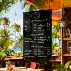 May include: A rectangular black menu board with white text listing coffee, drinks, pastries, snacks, and healthy food items. The board features a circular logo at the top with a coffee cup icon and is suspended by thin black wires in a bright setting.