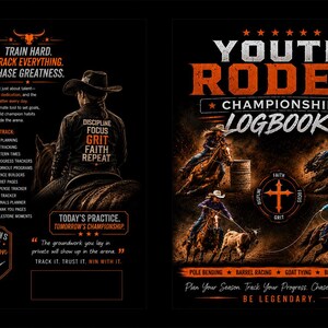 Puede incluir: Un cuaderno de registro Youth Rodeo Championship negro con texto en naranja y blanco. La portada muestra ilustraciones de jinetes a caballo, un toro y un símbolo de cruz. El texto incluye 'Train Hard', 'Track Everything', 'Chase Greatness'.