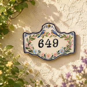May include: A cream-colored ceramic house number plaque featuring the black digits 649. The plaque has a scalloped edge with a blue border and is decorated with hand-painted illustrations of two bluebirds perched on branches with pink and blue flowers.