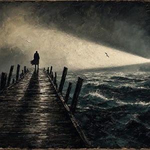 May include: An oil painting depicting a lone figure in a long coat standing on a weathered wooden pier extending into a dark, turbulent sea. A bright, horizontal beam of light cuts through the stormy night sky, illuminating the choppy ocean waves.