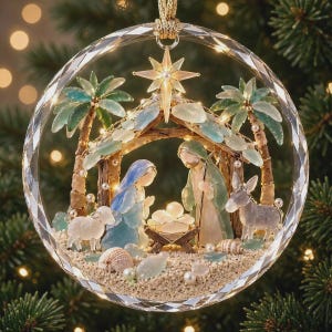 May include: A circular glass ornament featuring a nativity scene crafted from sea glass, sand, and shells. The scene includes figures of Mary, Joseph, a sheep, and a donkey under a palm-thatched roof, topped with a star, all suspended by a gold cord.