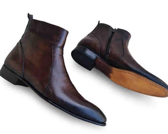 Stivali Chelsea in pelle fatti a mano / Stivaletti da uomo con cerniera laterale / Stivali eleganti in vera pelle / Stivali Chelsea marroni e neri