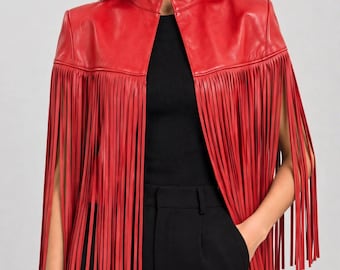 Shocking Red Fringe Cape Jacket | Sheep Leather Western Cape | Festival Crop Jacket | Boho Tassel Jacket | Cowgirl Statement Jacket