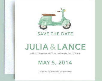 Vespa Scooter Save the Date - Italian Wedding Save the Date - Moped Scooter Save the Date, Italian Save the Date, Mint Green Scooter Invite