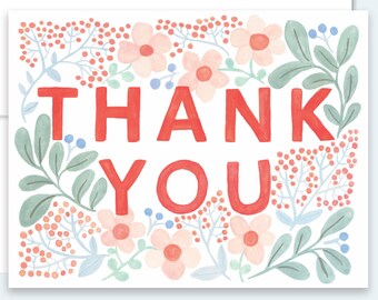 Floral Thank You Notes - Peach Flowers Thank You Notes, Leaves and Flowers Thank You Card, Orange and Blue Thank You Note, Wedding Thank You