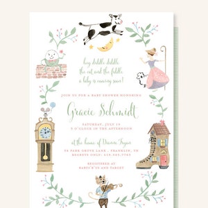 Nursery Rhyme Baby Shower Invitation - Cow Jumped Over the Moon, Hey Diddle Diddle, The Cat and the Fiddle, Little Bo Peep, Humpty Dumpty