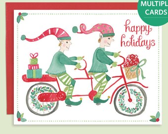 Elf Holiday Card, Elf Christmas Cards, Elves Riding Bike, Bike Holiday Card, Tandem Bike Card, Elf on Bike Holiday Card, Santa's Elves Card