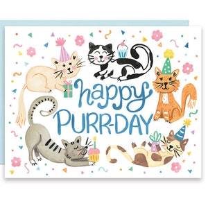 Cat Birthday Card, Happy Purr-day Cat Card, Cat Birthday Gift, Happy Birthday Cat Card, Party Cats, Cat Party Card, Cat Birthday Party