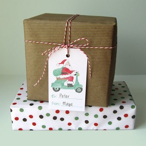 Holiday Gift Tags, Set of 10 Gift Tags, Santa Riding Vespa Gift Tags, Santa Claus Gift Tags, Vespa Gift Tags, Cute Holiday Gift Tag, Santa image 2