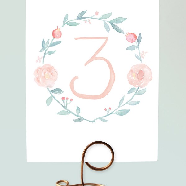 Watercolor Wreath Table Numbers, Pastel Wedding Table Numbers, Floral Wreath Table Numbers, Pretty Table Numbers, Romantic Table Numbers