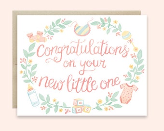 Baby Congratulations Card, Watercolor Border Congrats Card, Watercolor Baby Wreath, Gender Neutral Baby Card, Baby Icon Card, Cute Baby Card