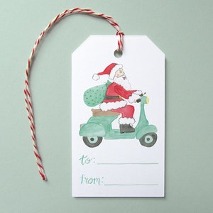 Holiday Gift Tags, Set of 10 Gift Tags, Santa Riding Vespa Gift Tags, Santa Claus Gift Tags, Vespa Gift Tags, Cute Holiday Gift Tag, Santa image 1