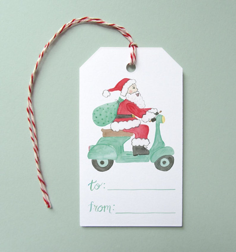 Holiday Gift Tags, Set of 10 Gift Tags, Santa Riding Vespa Gift Tags, Santa Claus Gift Tags, Vespa Gift Tags, Cute Holiday Gift Tag, Santa image 1