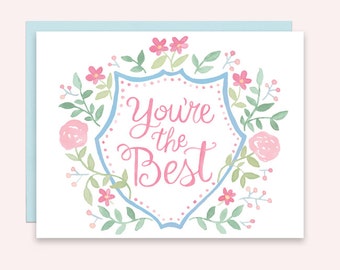 You're the Best Watercolor Crest Greeting Card, Just Because, Encouragement Greeting Card, Valentine Card for Friend, Modern Heraldry Card