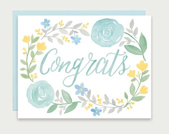 Congratulations Card, Congrats Card, Floral Wreath Wedding Card, Floral Congratulations Card, Pretty Congrats Card, Blue Flowers Congrats