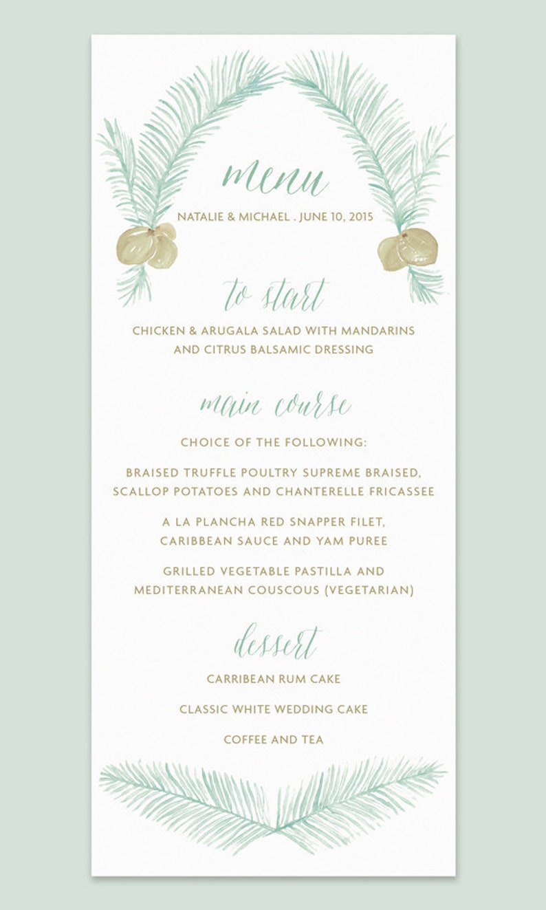 Beach Wedding Menu Card With Palm Fronds Tropical Wedding Etsy
