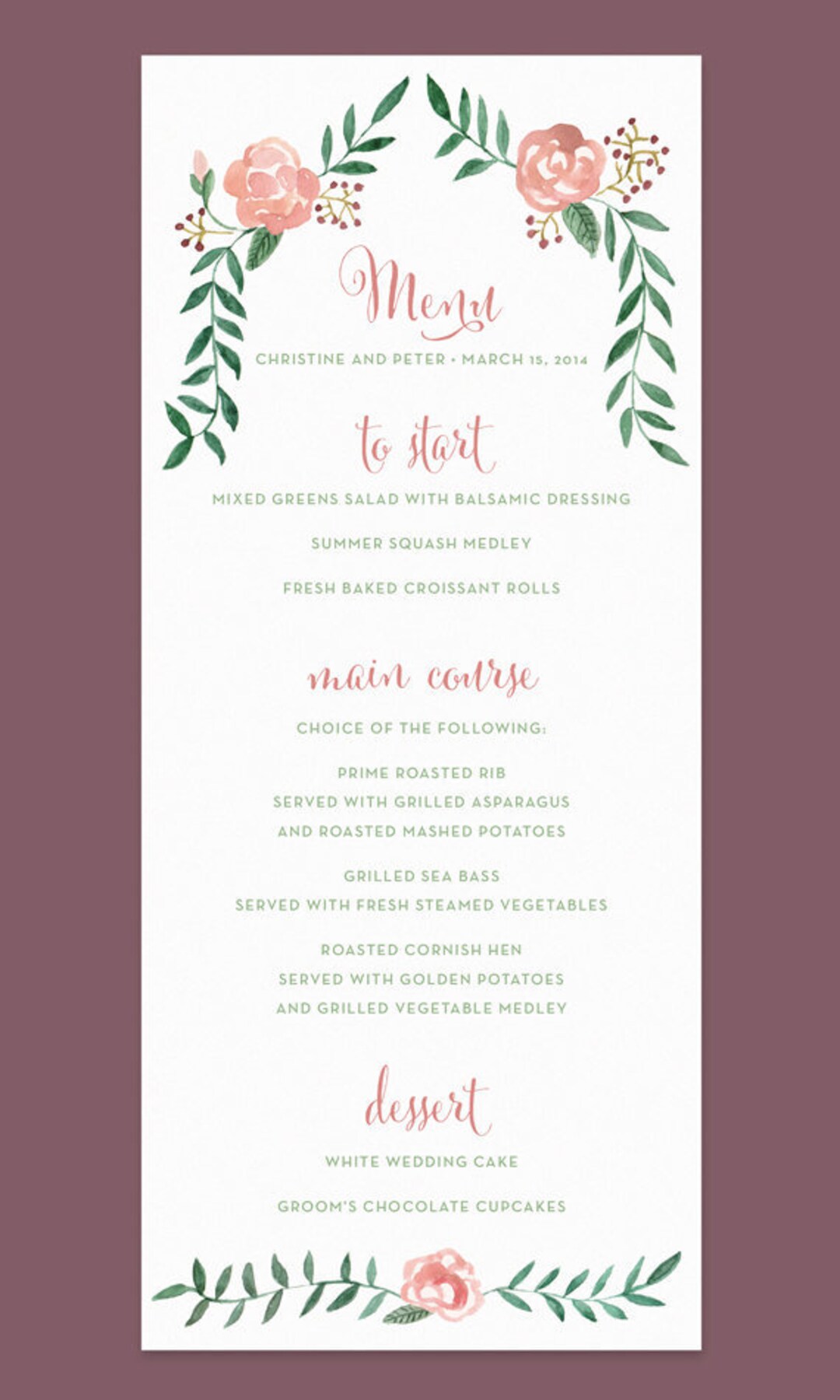 Rose Wedding Menu Card With Hand-painted Watercolor Flower - Etsy