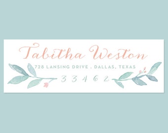 Watercolor Leaves Return Address Label Sticker with Romantic Floral Buds, Pretty Return Address Labels, Watercolor Address Labels, Pastel