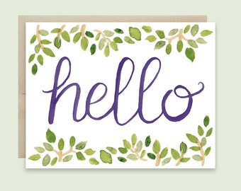 Hello Greeting Card, Just Because Greeting Card, Watercolor Hello Card, Hand-lettered Hello Card, Nature Greeting Card, Woodland Card, Hello