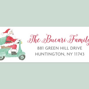 Holiday Return Address Labels with Santa Riding Vespa, Santa on Scooter Holiday Labels, Santa Return Address Labels, Christmas Address Label