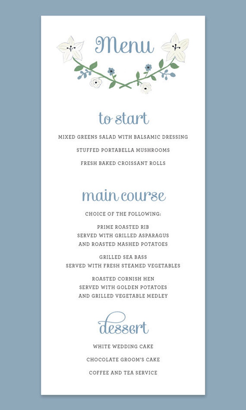 White Flower Menu Card, Floral Menu Card, Hand-painted Wedding Menus White and Blue Wedding Menus, Blue Wedding Menu Cards, Shower Menus image 1