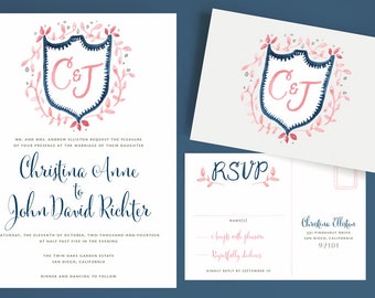 Watercolor Crest Wedding Invitation with Whimsical Hand-painted Heraldry, Modern Heraldry Invitation, Watercolor Crest Invite, Watercolor