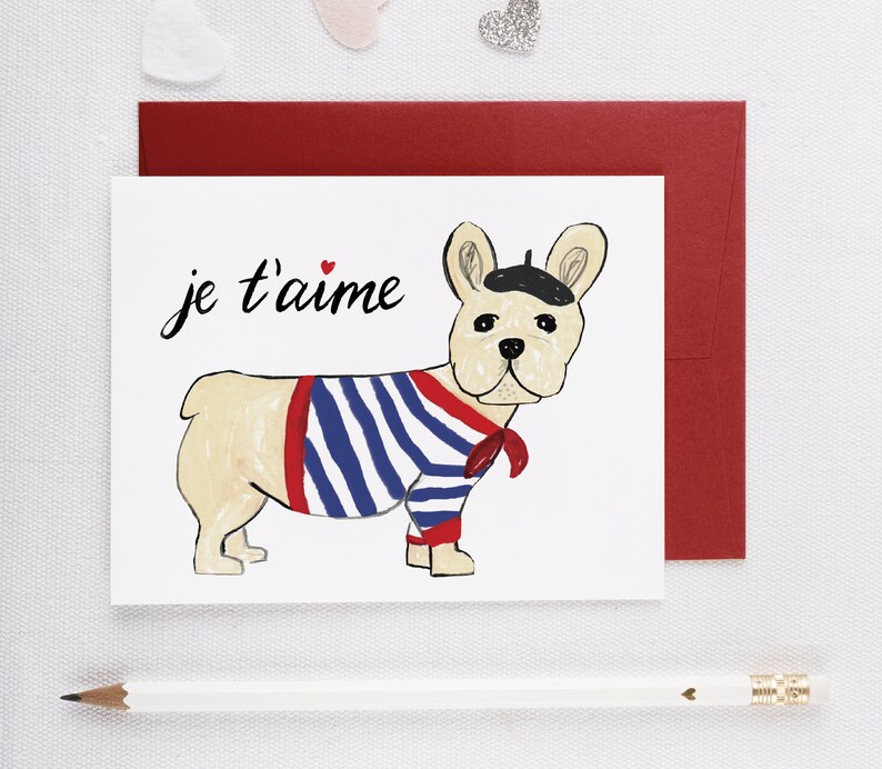 Dog Valentine's Card, Je t'aime Valentines Day Card, Valentines Card, French Bull Dog Card, I love you Card, Love Card, French Greeting Card image 3