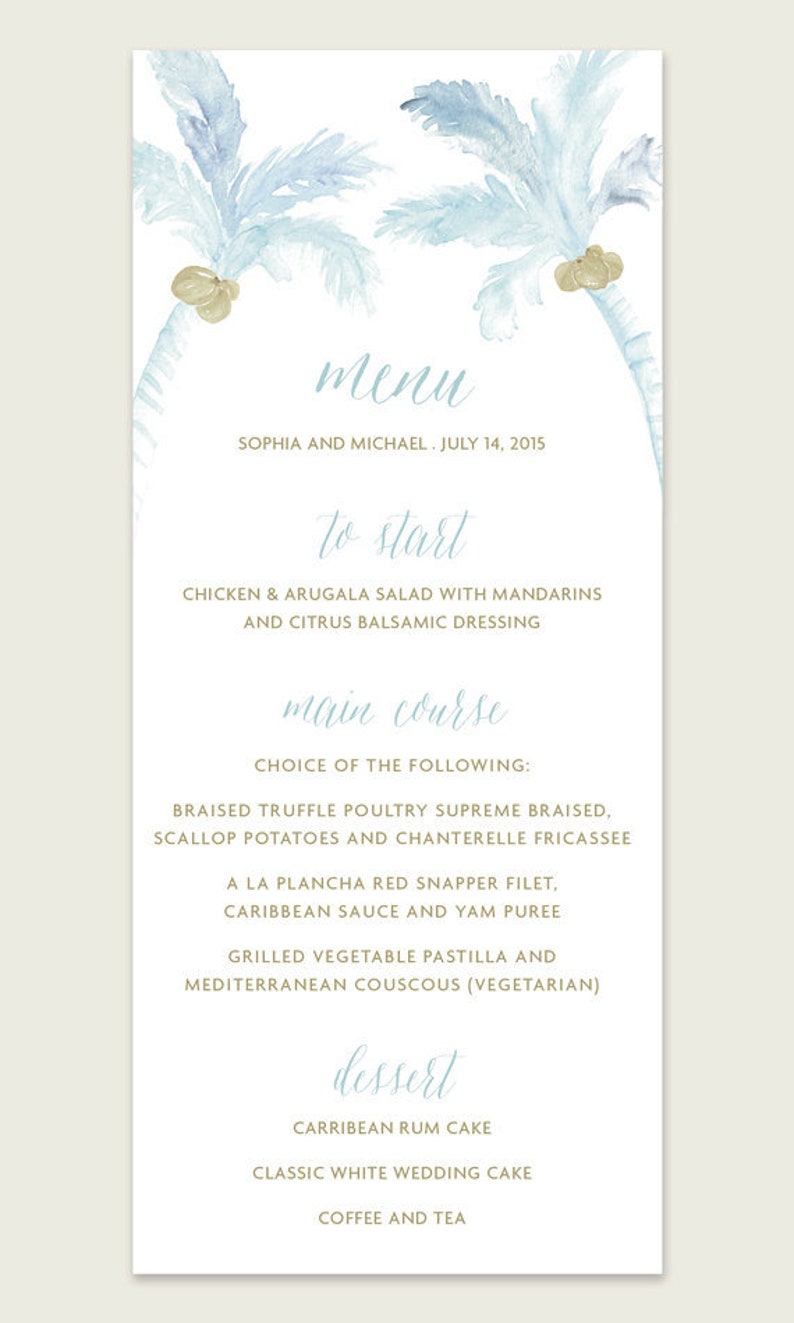 Palm Tree Menu Card Beach Wedding Menu Cards Watercolor Etsy