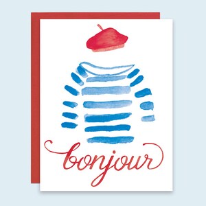 Bonjour Card, Bonjour French Greeting Card, Parisian Greeting Card, Paris Greeting Card, French Beret Card, Watercolor French Card, Bonjour