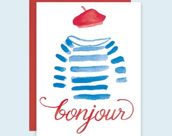 Bonjour Card, Bonjour French Greeting Card, Parisian Greeting Card, Paris Greeting Card, French Beret Card, Watercolor French Card, Bonjour