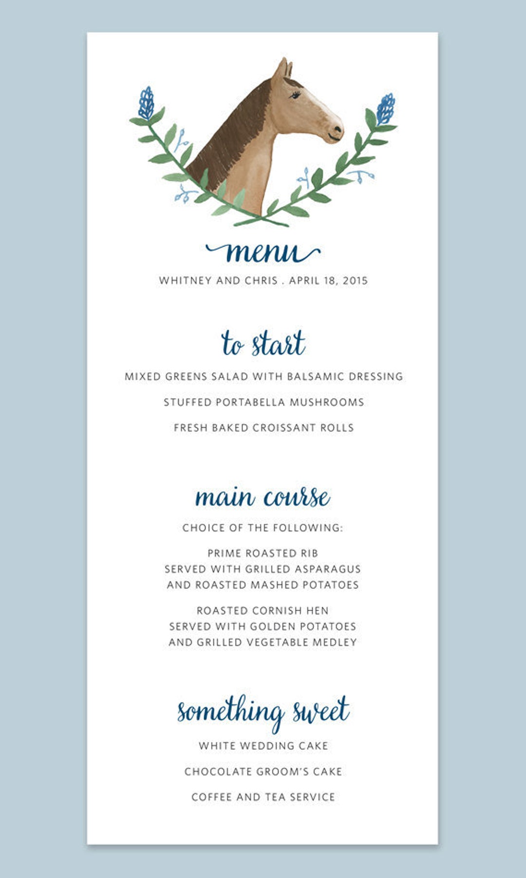 Horse Wedding Menu Cards, Watercolor Horse Menu, Rustic Menu Cards