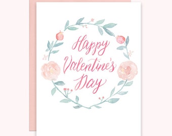 Watercolor Wreath Valentine's Card, Pretty Valentines Card, Watercolor Valentine's Day Card, Happy Valentine's Day Notecard, Valentine Card