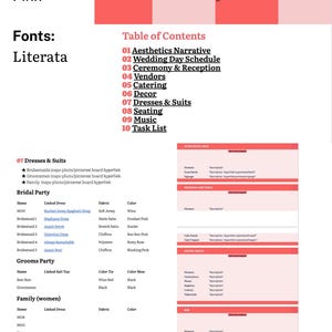 May include: A digital wedding planning template titled *BRIDE* & *GROOM* *LAST NAME* Wedding Bible. The document features a pink color scheme, Literata font, and a table of contents listing sections from 01 to 10, including Dresses & Suits, Seating, and Music.