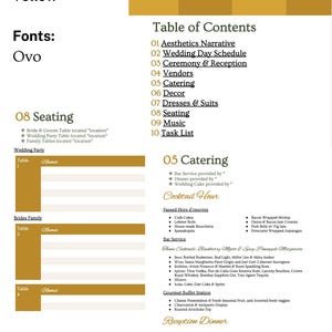 May include: A wedding planner template in yellow and white featuring a Table of Contents, Seating chart, and Catering section. Text includes Bride & Groom Wedding Bible, Aesthetics Narrative, Wedding Day Schedule, Ceremony & Reception, Vendors, Decor, Dresses & Suits, Music, and Task List.