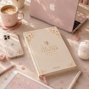Può includere: Un diario color crema intitolato THE NEXT CHAPTER journal con accenti floreali, un segnalibro a nastro rosa e un'illustrazione di una chiave dorata. È circondato da un portatile rosa, uno smartphone, un tablet con stilo, una tazza e un mouse.
