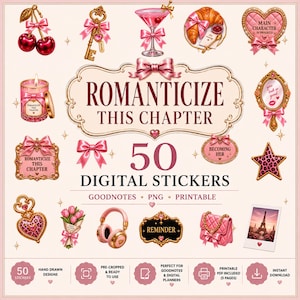 Può includere: Un set di 50 adesivi digitali con illustrazioni nei toni del rosa e dell'oro, tra cui ciliegie, una chiave, un cocktail, un croissant, una candela, uno specchio, una stella leopardata, cuffie, una borsa e una polaroid della Torre Eiffel.