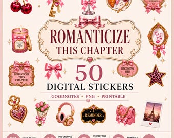 50 Digital Stickers for Goodnotes, Pre-Cropped Planner Stickers, Transparent PNG, Printable Stickers, Digital Journal Stickers