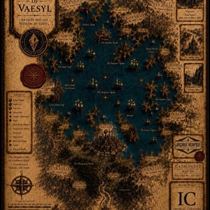 Könnte beinhalten: Eine detaillierte Fantasy-Karte mit dem Titel The Heart Sea of Vaesyl, die ein dunkelblaues Meer umgeben von pergamentfarbenen Landmassen, Gebirgszügen und Wäldern zeigt. Sie enthält eine Legende, eine Windrose, eine Skala und Textbeschriftungen.