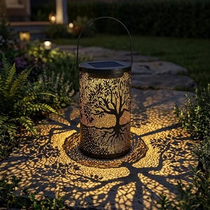 May include: A cylindrical black metal solar lantern featuring a laser-cut tree of life design. The lantern has a top-mounted handle and emits a warm yellow light, casting intricate tree-shaped shadows onto the ground surface below it.