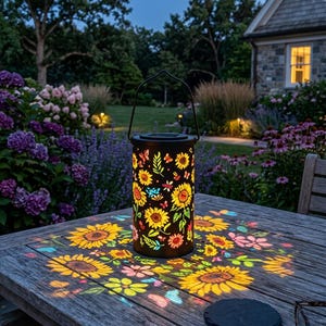 May include: A cylindrical black metal solar lantern featuring cut-out sunflower and butterfly patterns. The lantern emits a warm, colorful light that projects sunflower and butterfly shapes onto the wooden surface beneath it, including a wire handle.
