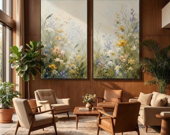 質感のある野花の二連画プリント、印象派風草原アート（2枚セット）