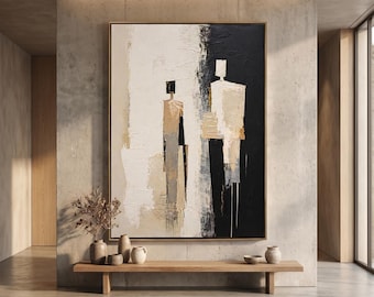Peinture abstraite moderne en noir et blanc, toile texturée minimaliste représentant un couple, encadrée, décoration murale idéale pour le salon.