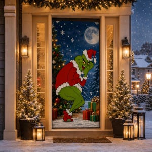 Könnte beinhalten: Eine Türabdeckung mit einer grünen Kreatur im rot-weißen Weihnachtsmannkostüm, die in einer verschneiten Landschaft mit einem Weihnachtsbaum, verpackten Geschenken und einem Vollmond an einem dunkelblauen Nachthimmel steht.