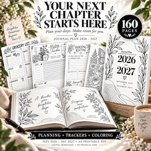 Può includere: Un'agenda di 160 pagine per il 2026-2027 con illustrazioni botaniche, tracker delle abitudini, liste della spesa e pagine per la routine mattutina. Il libro aperto mostra il testo A kinder you brighter days e Progress over perfection.