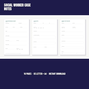 Peut inclure: Un ensemble de trois formulaires imprimables blancs intitulés Social Worker Case Notes, comprenant une fiche de référence, une note de cas et un rapport de visite à domicile. Texte noir, lignes de saisie et en-têtes verts sur fond bleu.