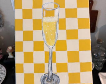 Cuadro de copa de champán: Arte de tablero de ajedrez amarillo (lienzo)