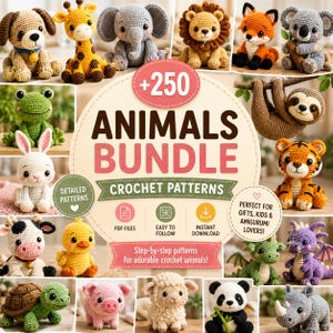 Peut inclure: Une collection d'animaux en crochet amigurumi incluant chien, girafe, éléphant, lion, renard, koala, grenouille, lapin, paresseux, tigre, vache, poussin, tortue, cochon, mouton, panda, rhinocéros et dragons, avec le texte +250 ANIMALS BUNDLE CROCHET PATTERNS.