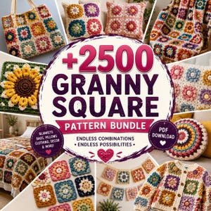 Op de afbeelding: Een digitaal patroonpakket met 2500 granny square ontwerpen voor haakprojecten. De afbeelding toont diverse items gemaakt met kleurrijke granny squares, waaronder een tas, kussens, een deken en een vest, met de tekst +2500 GRANNY SQUARE PATTERN BUNDLE.