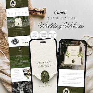 Könnte beinhalten: Eine 3-seitige Canva-Hochzeitswebsite-Vorlage, dargestellt auf zwei Smartphones und einem vertikalen Layout. Das Design umfasst eine dunkelgrüne Farbpalette, elegante Serifenschrift, eine Wachssiegelgrafik mit einer Calla-Lilie und den Text Lauren & Matthew.