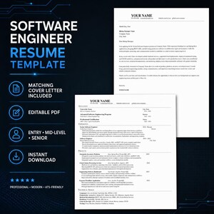 Może przedstawiać: Szablon CV dla inżyniera oprogramowania zawierający list motywacyjny i życiorys z czarnym tekstem na białym papierze. Po lewej stronie znajduje się niebieski tekst o treści SOFTWARE ENGINEER RESUME TEMPLATE, MATCHING COVER LETTER INCLUDED, EDITABLE PDF, ENTRY MID-LEVEL SENIOR, INSTANT DOWNLOAD oraz pięć niebieskich gwiazdek.